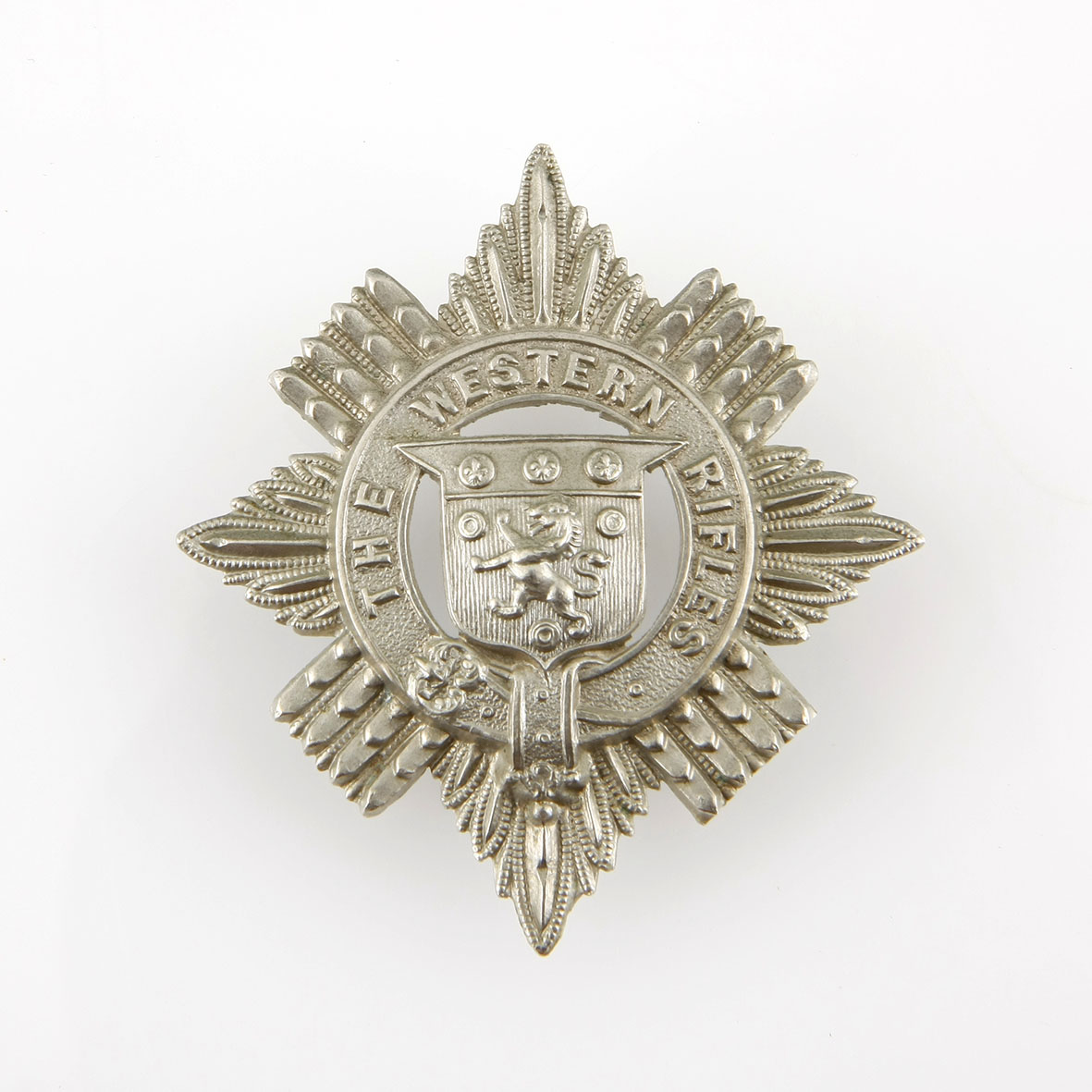 Anon WESTERN RIFLES WHITE METAL CAP BADGE WORN 1894-1897 ON SLOUCH HATS. (OWEN 254) Of great