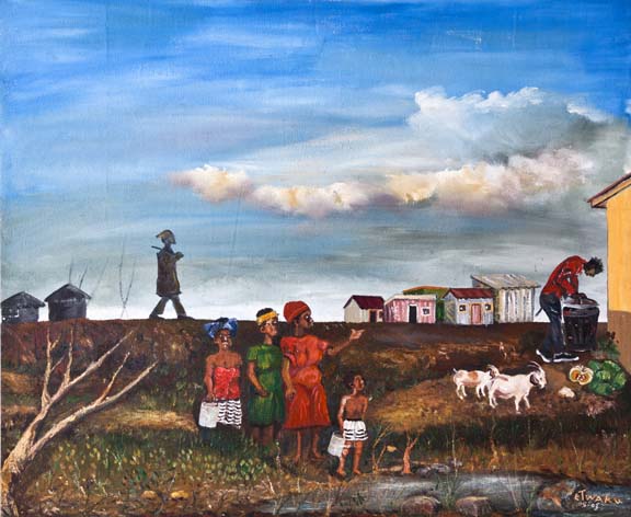 Lungile Twaku HUNGER VS YOUTH signed and dated 05-03 oil on canvas Purchased from The Anglican Aids