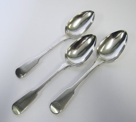 THREE CAPE SILVER TABLE SPOONS, PETER CLARKE DANIEL, 19TH CENTURY each terminal engraved with