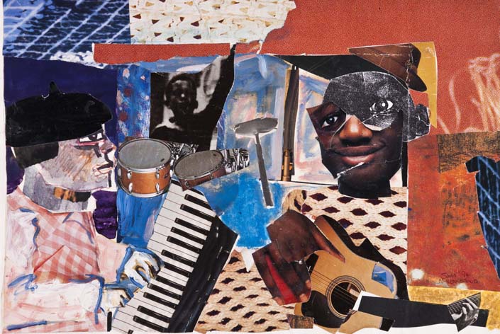 Jabulane Sam Nhlengethwa JAM SESSIONS signed and dated `94 collage on paper Acquired from the