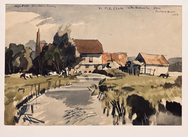 Rowland Hilder HIGH MILL, FARNHAM, SURREY signed, dated 1952 and inscribed `To Peter Clarke, with