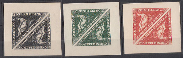 Cape of Good Hope 1902 Reprint Die Proof of the 1858 1/- Triangle in various colours on thick wave