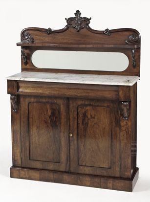 A VICTORIAN ROSEWOOD MARBLE-TOPPED AND MIRROR-BACKED CHIFFONIER the rectangular grey-veined marble