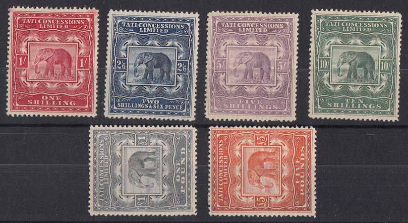 1896 Tati Concessions Mounted mint set to £5. BF 1 - 6. Crease on £5. scarce stamps. Catalogued £