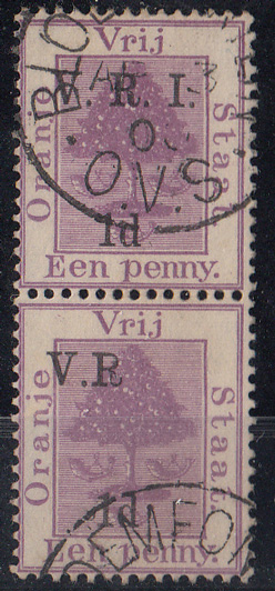 1900 1d overprint 1d purple with variety Fine used vertical pair with variety, `I and stop after R