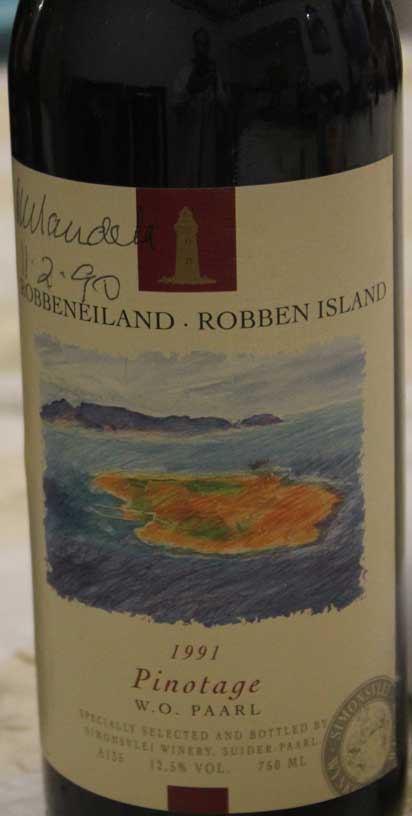 1990 Signed Bottle of wine A 1991 Robben Island Pinotage signed by the former President Nelson