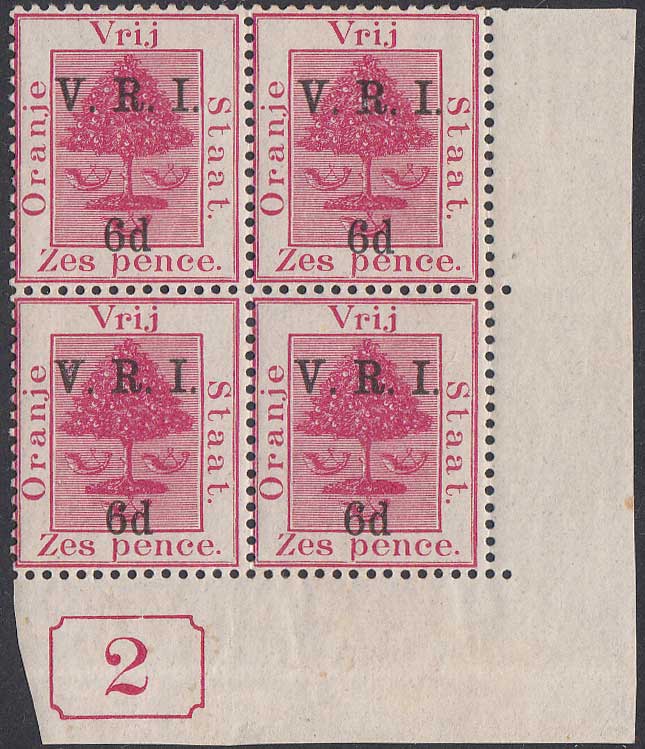 1900 British Occupation 6d V.R.I. overprint 6d bright carmine, Plate block of 4 Fine unmounted mint
