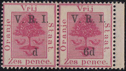 1900 British Occupation 6d V.R.I. overprint 6d bright carmine, pair with variety Fine unmounted