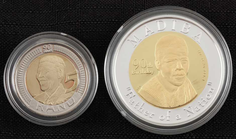 2008 Former President Nelson Mandela 90th birthday bi-metal set. Gold and silver coins in a wooden