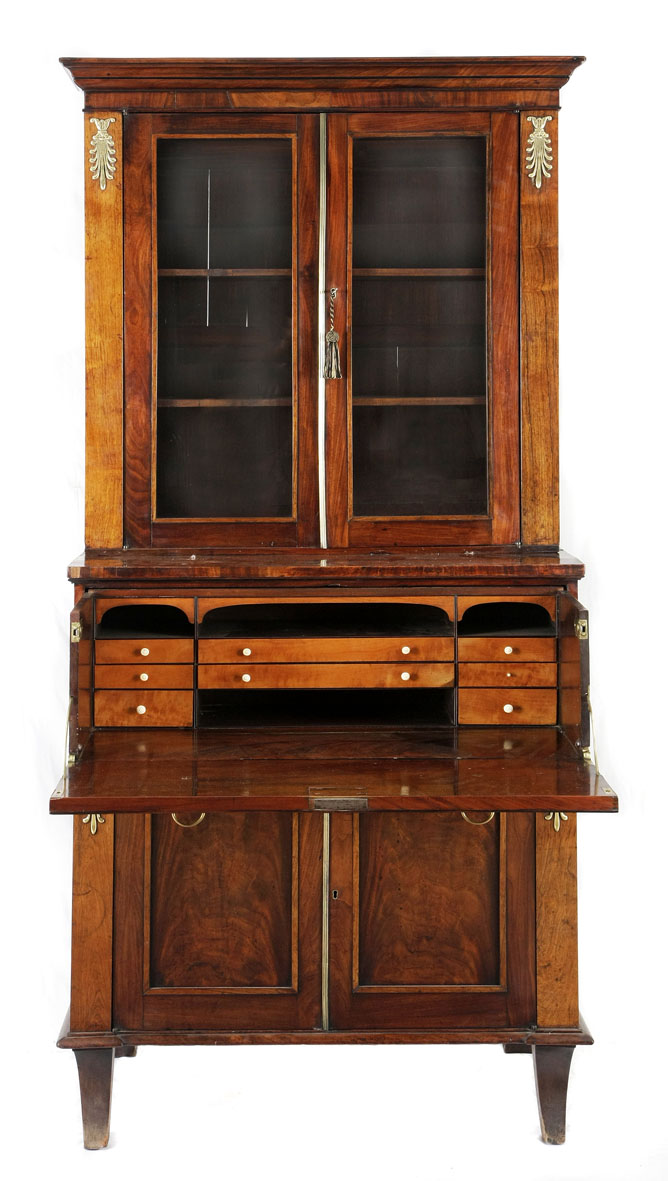 A Regency mahogany and brass mounted secrétaire bookcase cabinet, early 19th century in two parts,
