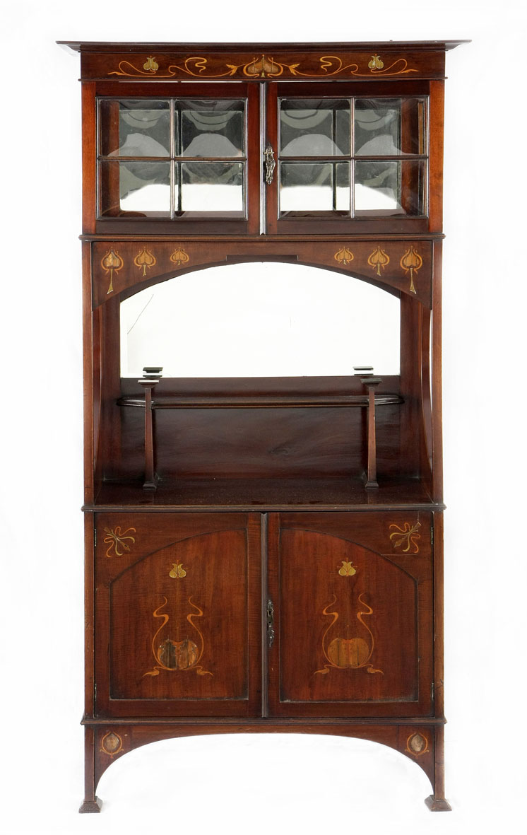 An Art Nouveau inlaid mahogany and copper inlaid side cabinet, late 19th/ early 20th century the