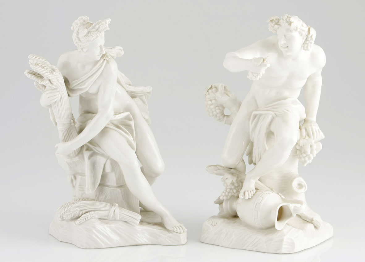 Two Nymphenburg `Blanc de Chine` figurines, 19th century, Bavarian modelled as Bacchus and Ceres,