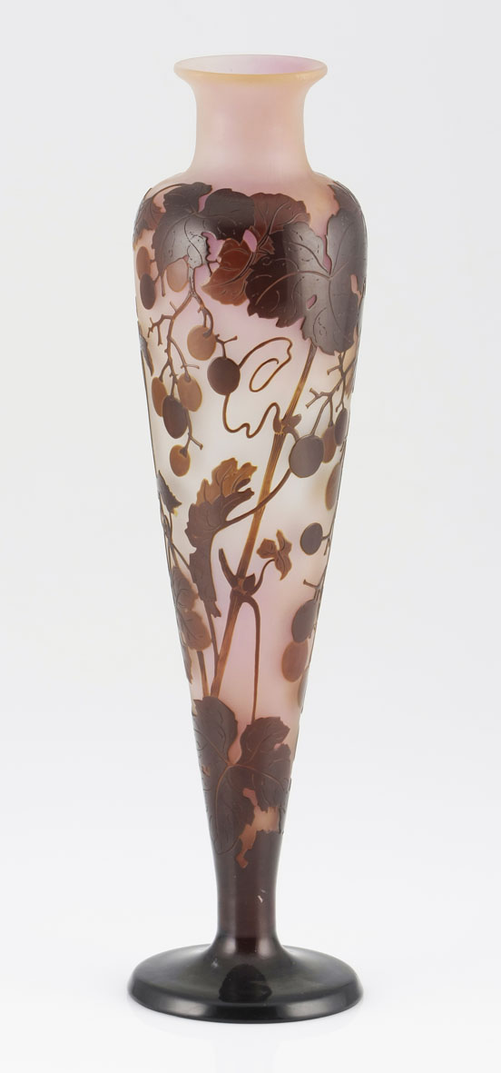 A Gallé cameo vase of tapering cylindrical form with flared neck and circular foot, the frosted and