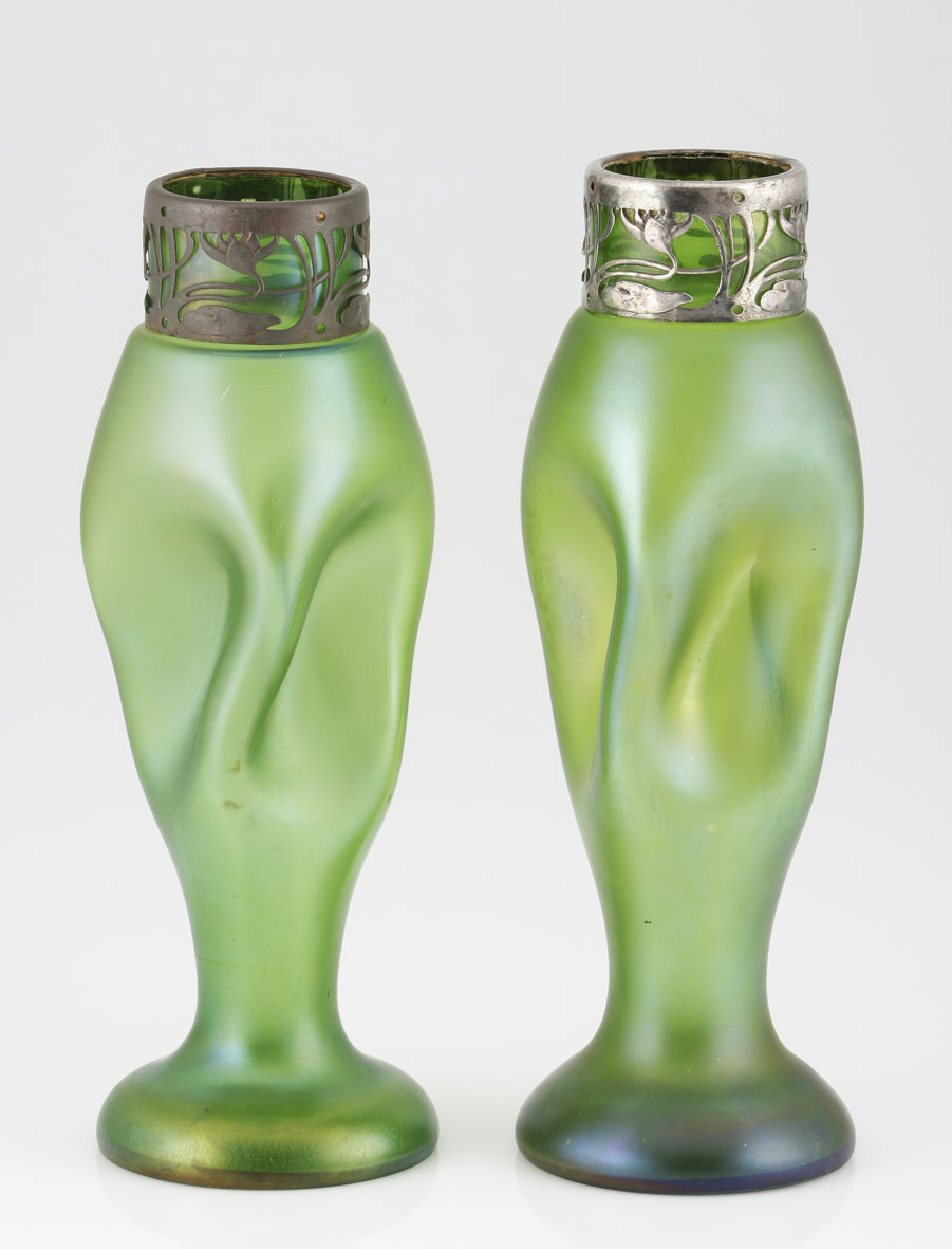 A pair of Loetz opalescent glass vases, early 20th century, German each with green tapering