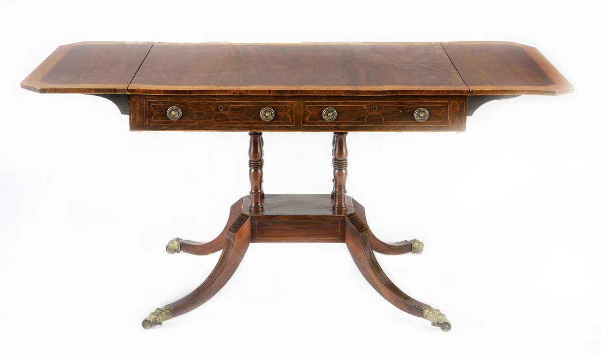 A Regency rosewood and satinwood sofa table, early 19th century the rectangular top with hinged