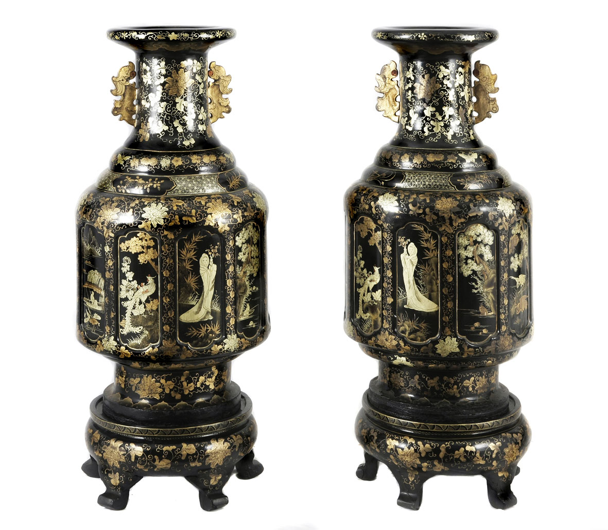 A pair of large Chinese gilt and laquered vases, 19th century of baluster form, decorated in gilt