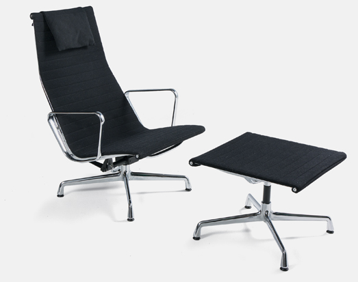 AN ALUMINIUM GROUP ARMCHAIR (EA124) AND STOOL (EA125) DESIGNED IN THE MID 1950s BY CHARLES AND RAY