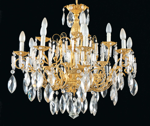 A TWELVE-LIGHT GILDED CUT-GLASS CHANDELIER the eight scrolling supports centred by a gold drop