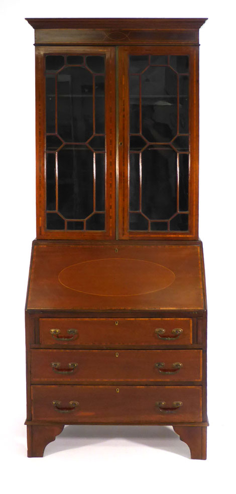 An Edwardian mahogany crossbanded and strung bureau bookcase, w. 76 x h. 202 cm   CONDITION REPORT: