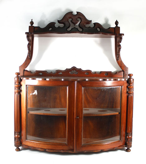 A Victorian walnut bow fronted hanging display cabinet with pierced superstructure, w. 69 cm