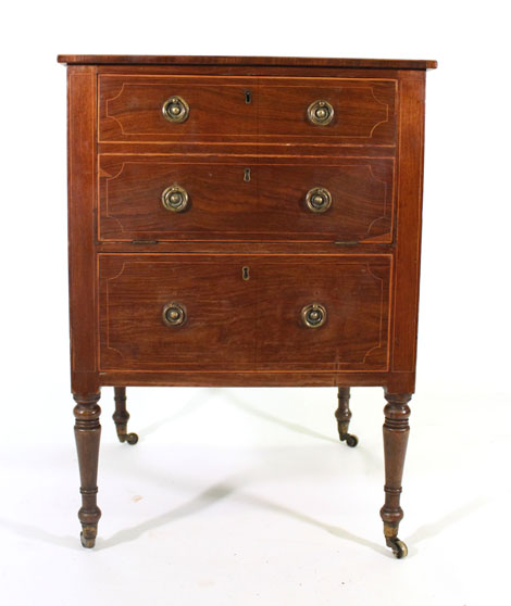 A Regency mahogany and strung commode on turned tapered legs, w. 56.6 cm, adapted    CONDITION