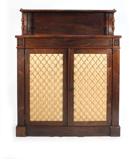 A Regency rosewood chiffoniere, the shelved superstructure with brass three quarter gallery, the