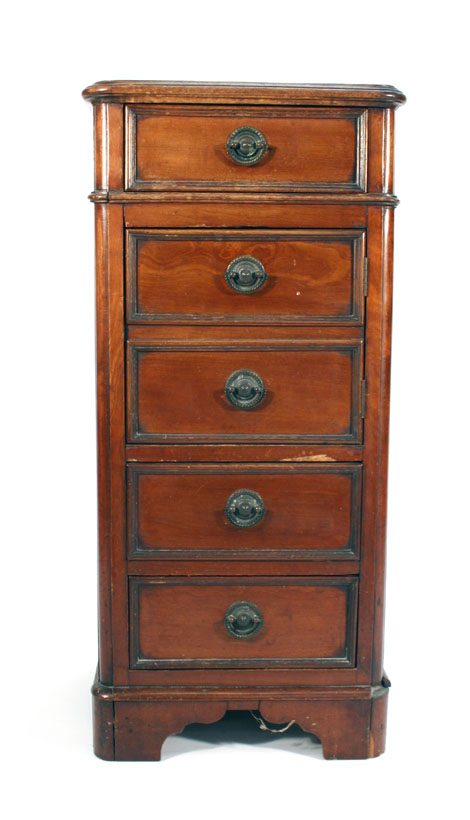 A narrow mahogany chest of five drawers on bracket feet, w. 44 cm   CONDITION REPORT:  Wear