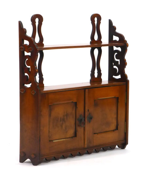 A Victorian walnut wall cupboard with shelves over on fretted supports, w. 58 cm   CONDITION REPORT: