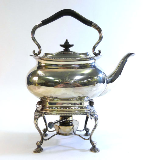 A silver spirit kettle and stand, the kettle of squat vase shaped form with gadrooned decoration