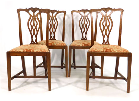 A set of four Chippendale-style mahogany framed dining chairs   CONDITION REPORT:  Structurally