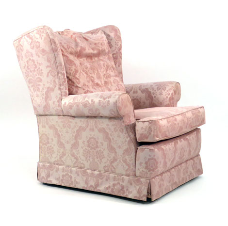 A pair of three seater Knole-type sofas upholstered and covered in pink damask, together with a