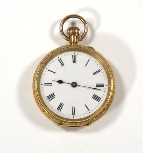 A continental 18ct yellow gold cased fob watch, the white enamel face with black Roman numerals