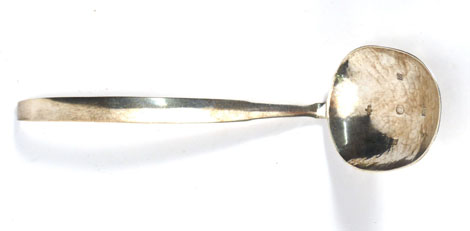 A silver rats tail-type serving spoon, the bowl in a hammered finished, maker GDK, Birmingham
