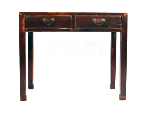 A Chinese cedarwood and elm side table, the panelled frieze with two drawers on square legs, w. 97