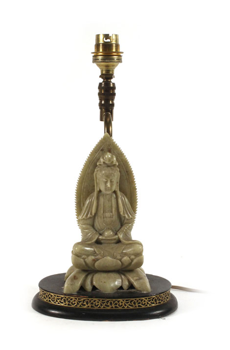 A table lamp, the soapstone base modelled as female deity, figure h. 14 cm, together with a