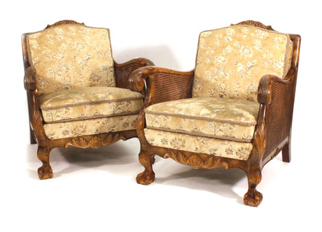 A 19th century stained beech and double caned bergere suite, the three seater sofa and two armchairs