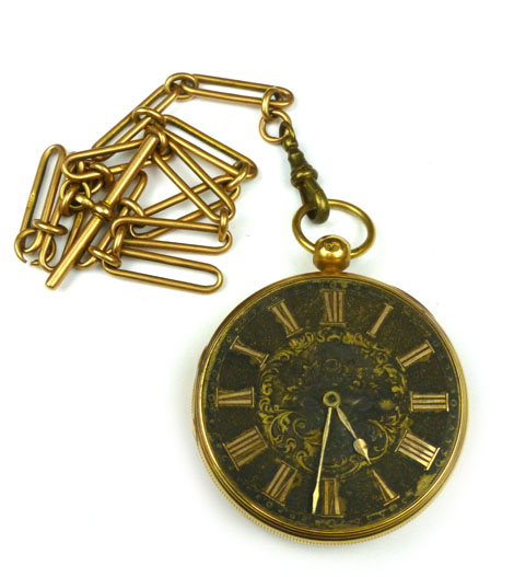 An 18ct yellow gold cased open face pocket watch, the florally engraved dial with Roman numerals