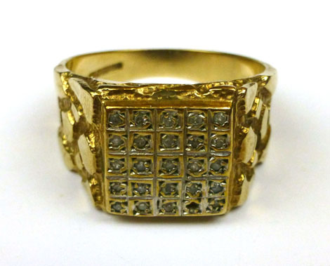 A 9ct yellow gold signet ring set small diamonds in a square shaped setting, (one stone missing),