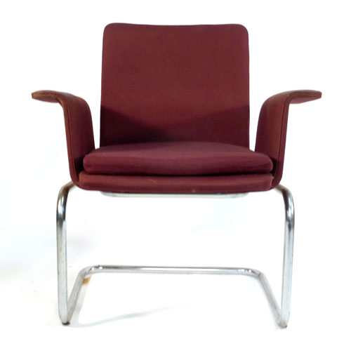 A Danish chrome tubular framed chair with purple fabric upholstery    CONDITION REPORT:  Well worn