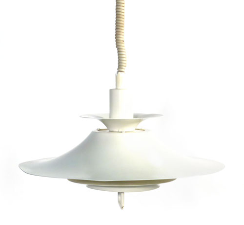 A 1970s spun aluminium three tier pull-down ceiling light in white   CONDITION REPORT:  Some