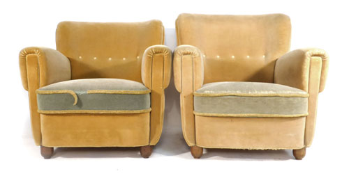 A pair of Danish 1950s Art Deco-type chairs, the green and mustard draylon upholstery with