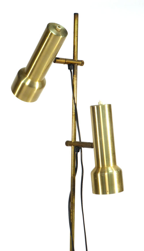 A 1970s brass coloured twin spot standard lamp   CONDITION REPORT:  Working order unknown, some