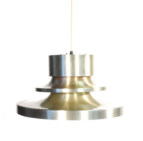 A 1970s silver coloured three tier ceiling light of trumpet form with red interior   CONDITION