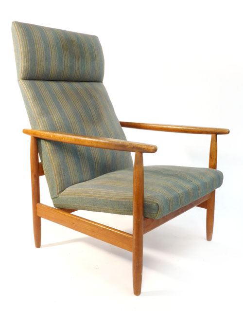 Poul Volther for FDB, an oak framed lounge chair with green striped upholstery   CONDITION