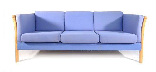 A Stouby beech framed three seater sofa with blue upholstery   CONDITION REPORT:  Structurally