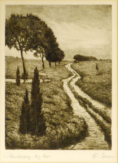 P.. R.. Collins,
'Churchyard',
signed and inscribed,
etching, ltd. ed. 47/100,
6 x 5.5 cm to