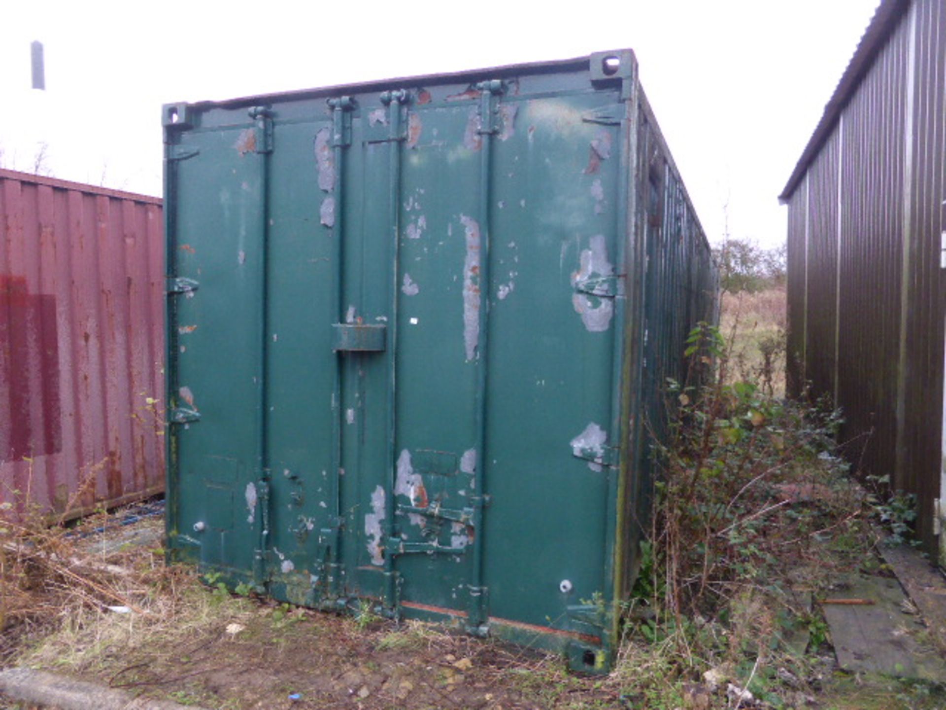 40ft corrugated steel shipping container with twin opening doors in green finish
