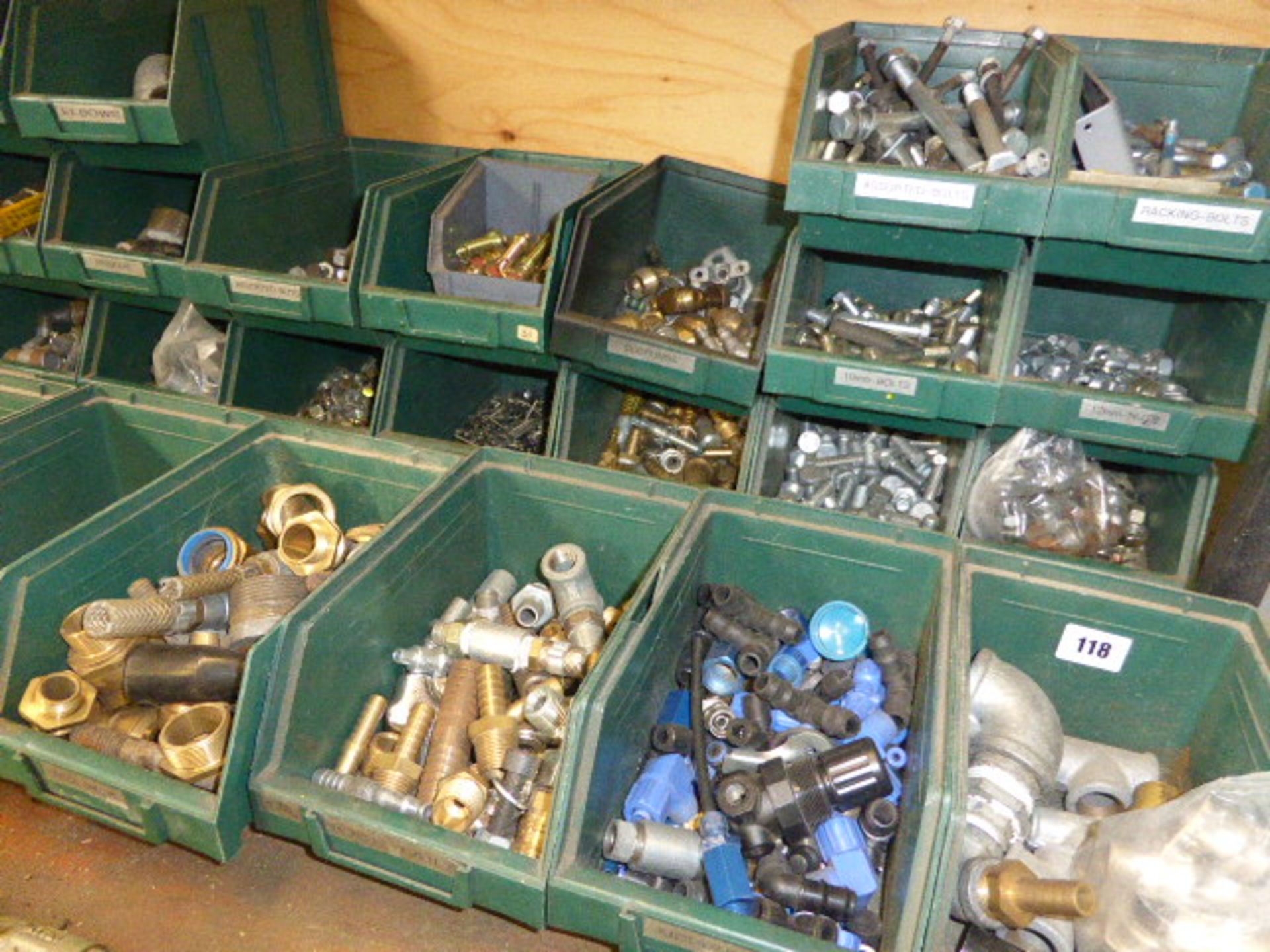 Approximately 30 lin bins of cast iron , brass and plastic pipe fittings