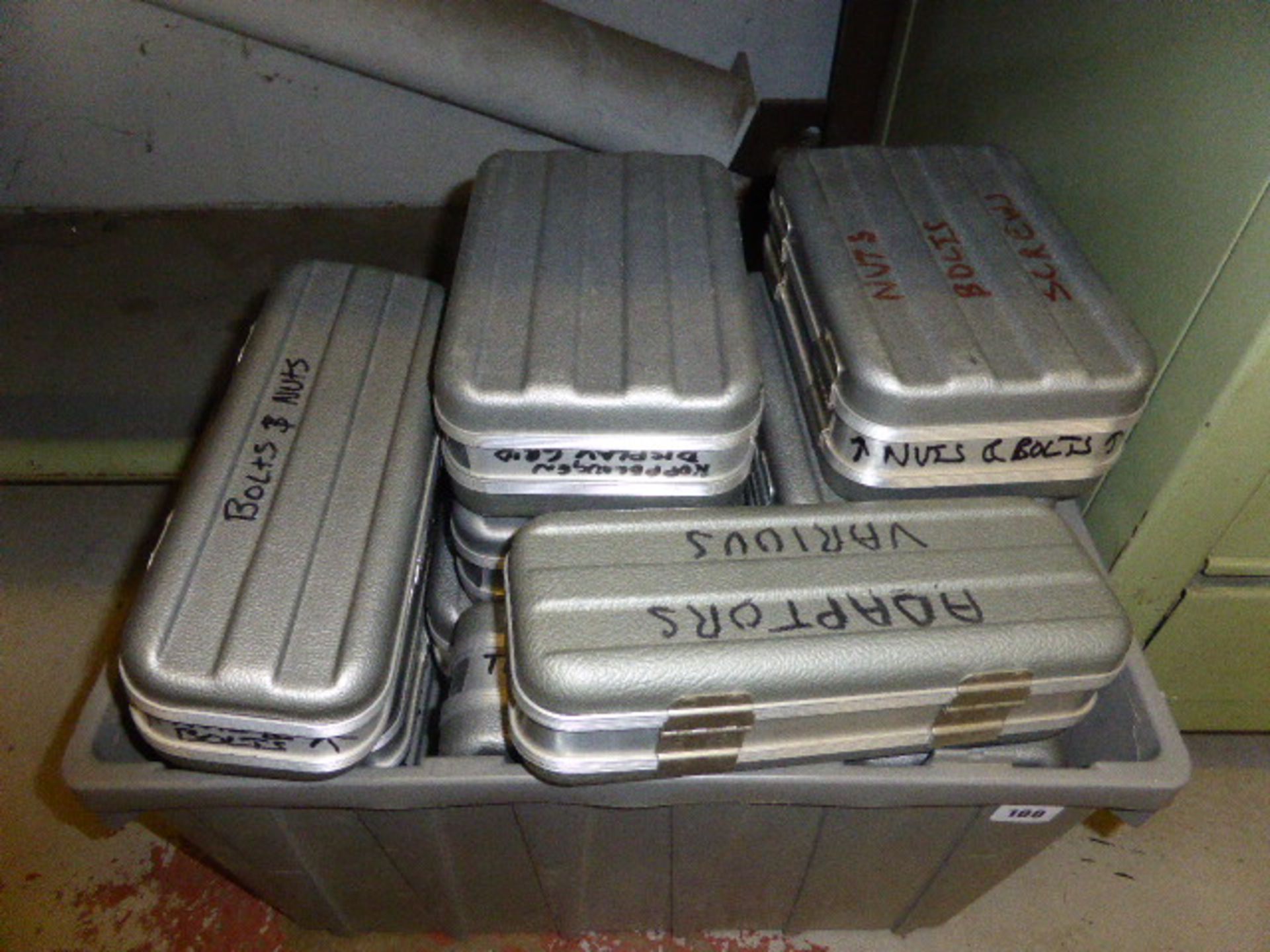 Box of small plastic storage containers