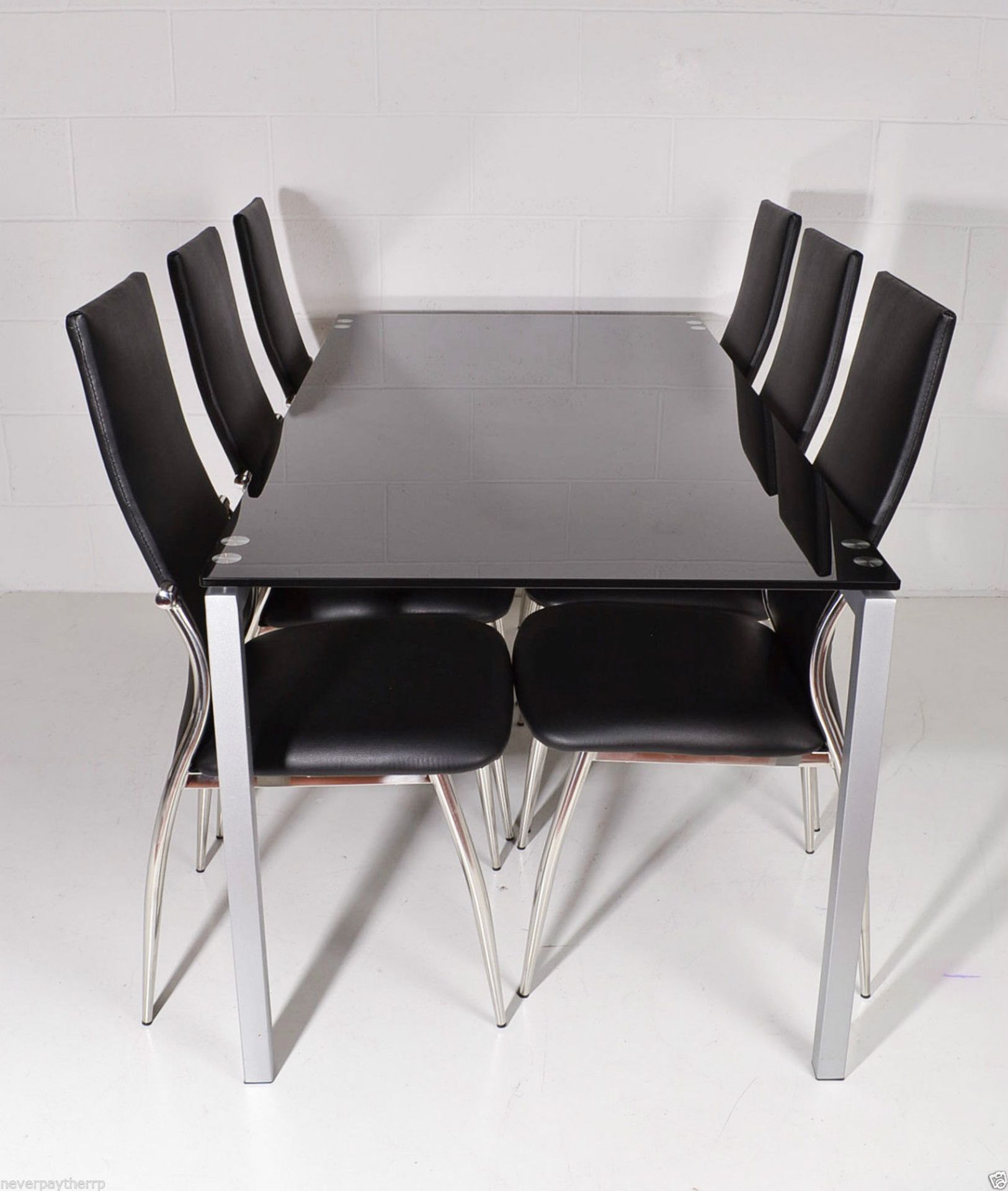 NEW Birlea Black Glass & Chrome Dining Table Set with 4 (not 6) Black Chairs. New set. Glass top